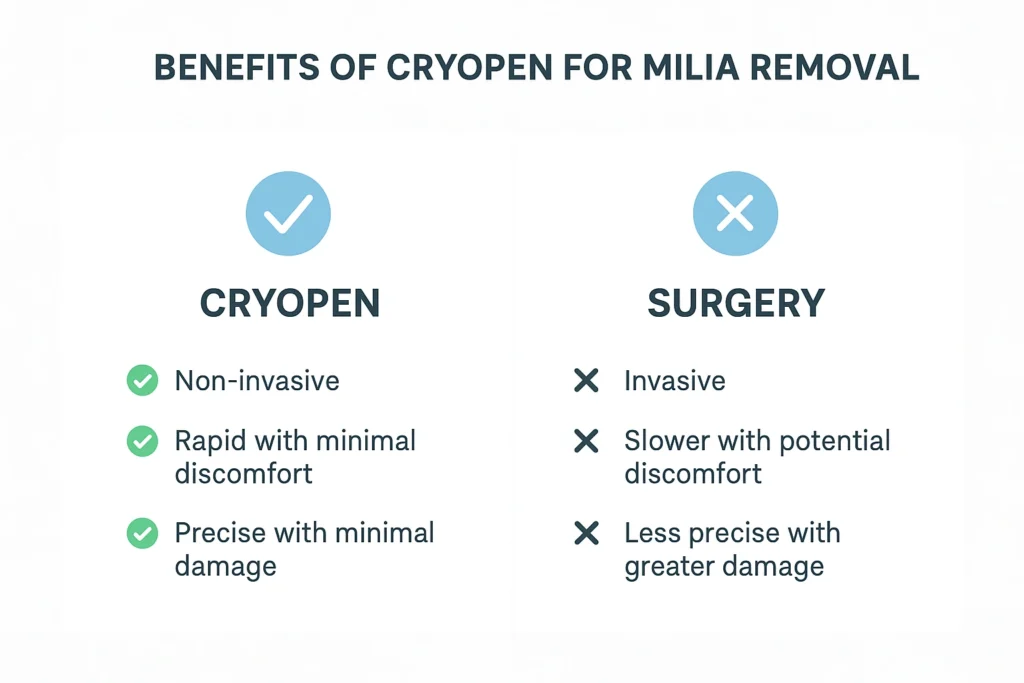Benefits of cryopen for milia removal Streatham compared to surgical treatments.