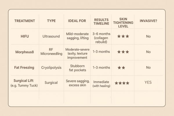 Table showing the comparisons of Skin tightening Streatham treatment options.